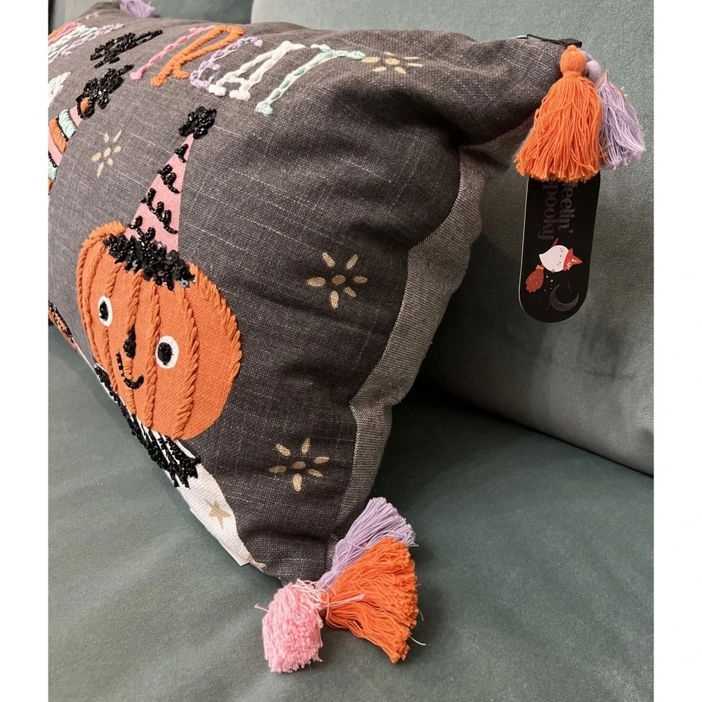 Feelin Spooky Large Halloween Pillow Trick Or Treat Witch Skeleton NWT 14